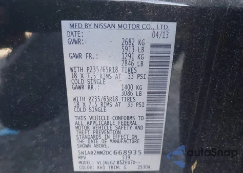 2013 Nissan Pathfinder Sl from USA, damaged, VIN 5N1AR2MM2DC668935